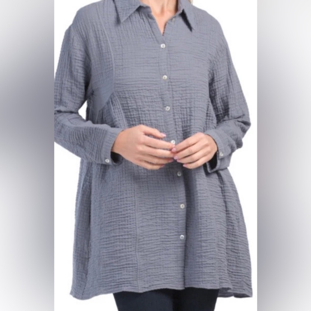 Zara Tunic Blouse Sz S Gauze Textured Blue Button Lagenlook Beachy Oversized
